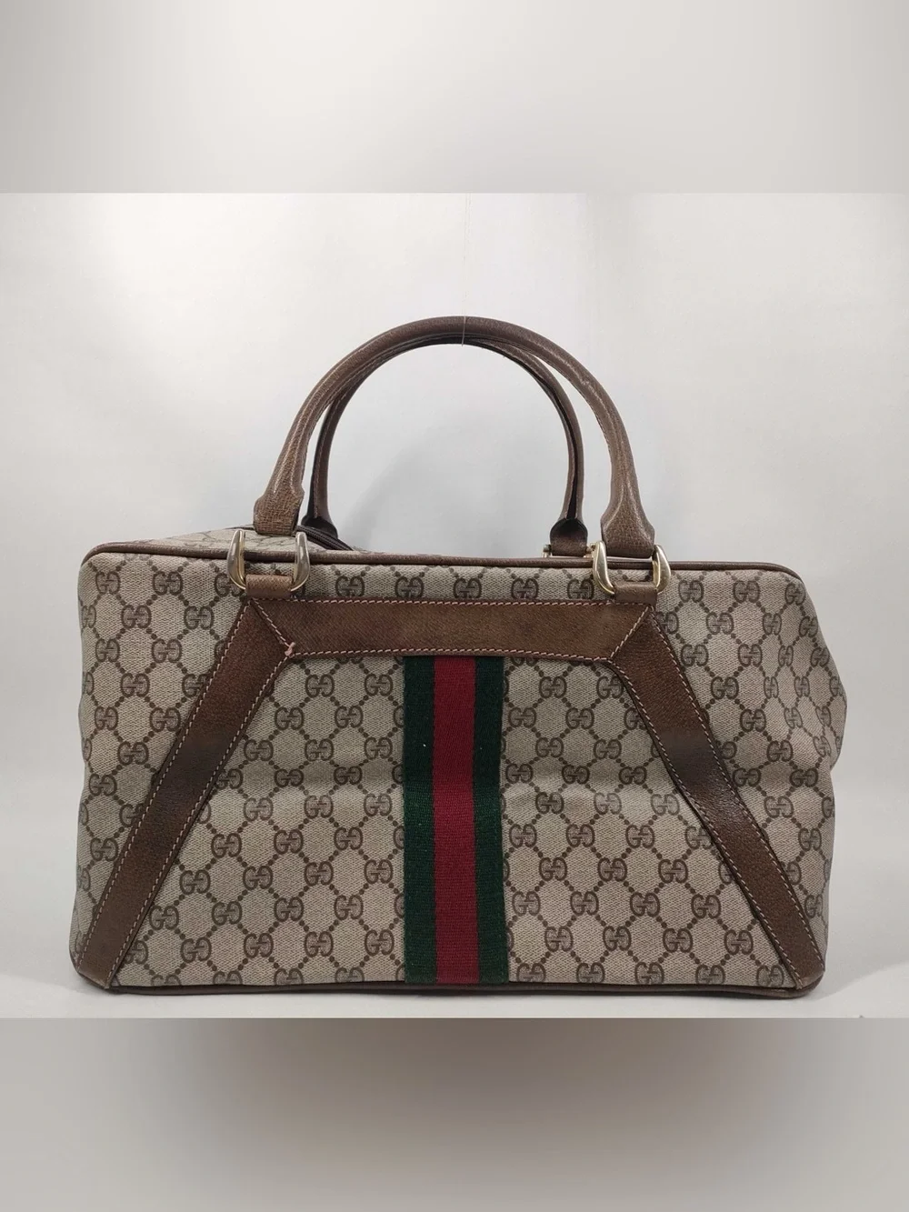 1990’s Duffle Boston 36 Beige-Brown Monogram Canvas Satchel Green-Red Web bag